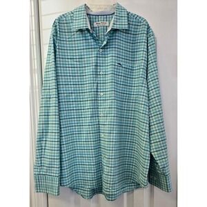 Tommy Bahama Sarasota Stretch IslandZone Teal Blue White Plaid Size L